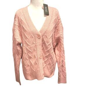 NWT Badgley Mischka Cable knit heart cardigan sweater pink button sz L  W boho